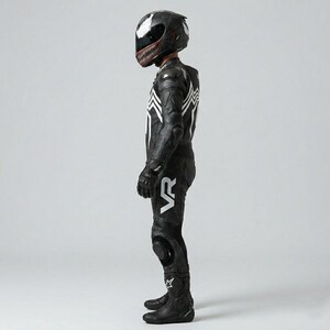 Full side profile view of complete Venom Racing motorcycle gear kit showing one-piece black leather suit with spider graphic carbon gloves tall racing boots and VR branding head to toe