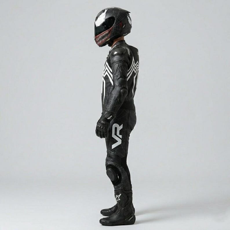 Full side profile view of complete Venom Racing motorcycle gear kit showing one-piece black leather suit with spider graphic carbon gloves tall racing boots and VR branding head to toe