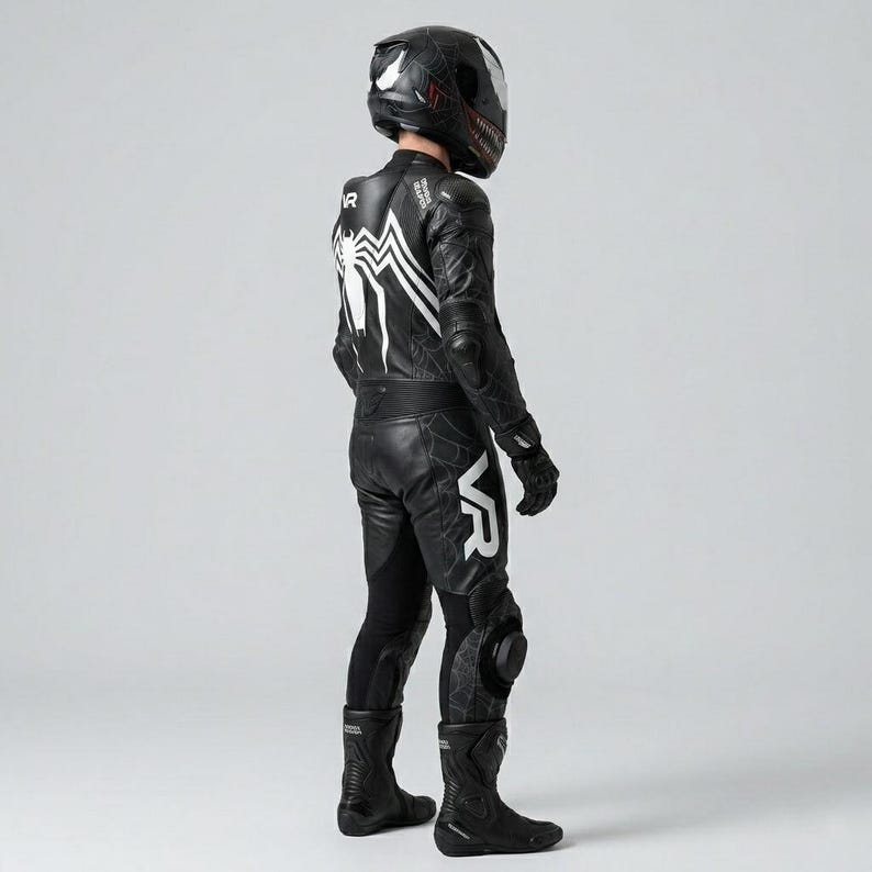 Right side view of men's black Venom Racing leather motorcycle suit showing spider back graphic VR branding spiderweb thigh panels knee armor and matching racing gloves and boots complete kit