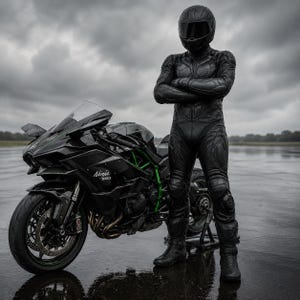 Black Leather Motorcycle Racing Suit with Gloves and Boots, Armored Biker Gear