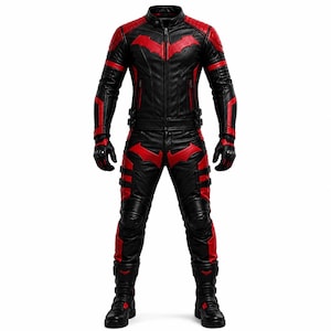 Red Hood Inspired Motorcycle Suit | Black Red Leather Biker Jacket & Pants Set