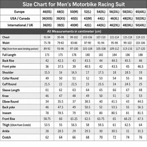 May include: A black and white size chart for a motorbike racing suit. The table displays measurements in centimeters for chest, waist, hip, full length, back rise, front yoke, shoulder, collar, cuff, sleeve, knee, elbow, inseam, front rise, thigh, and ankle.