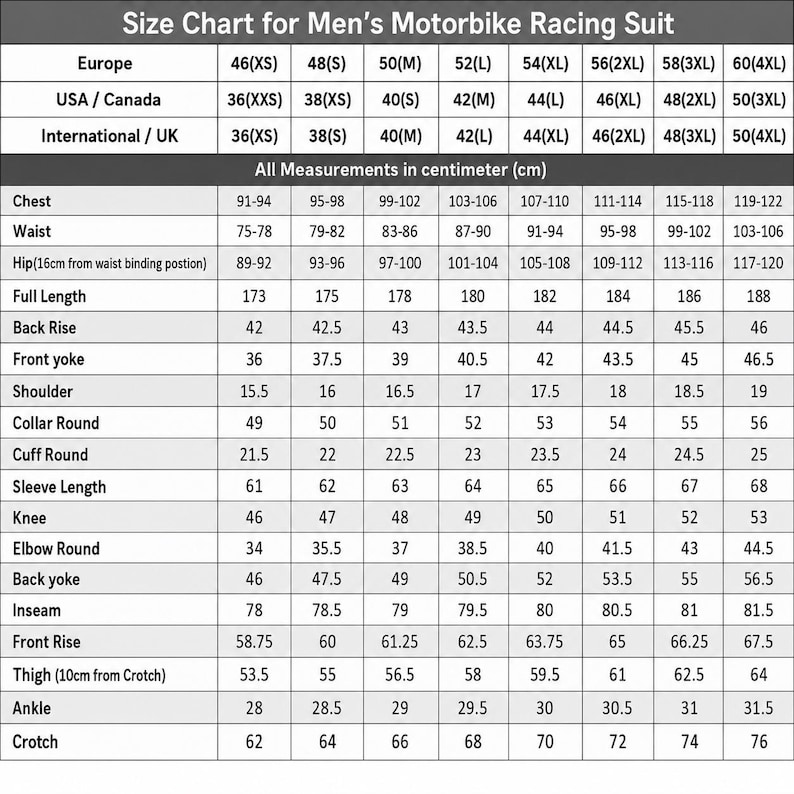 May include: A black and white size chart for a motorbike racing suit. The table displays measurements in centimeters for chest, waist, hip, full length, back rise, front yoke, shoulder, collar, cuff, sleeve, knee, elbow, inseam, front rise, thigh, and ankle.