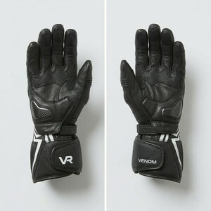 Men's black leather motorcycle racing gloves palm view showing VR and Venom branding on wrist cuff reinforced palm grip panels and adjustable buckle strap