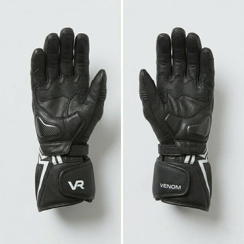 Men's black leather motorcycle racing gloves palm view showing VR and Venom branding on wrist cuff reinforced palm grip panels and adjustable buckle strap