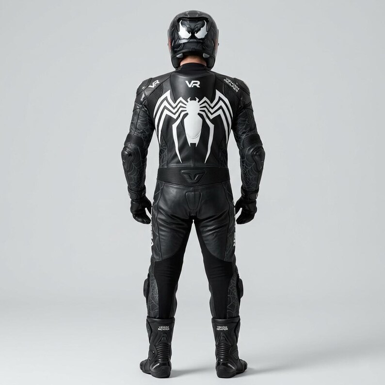 Back view of men's black one-piece leather motorcycle racing suit with large white spider graphic VR branding spiderweb embossed panels and CE armor protection worn with matching helmet