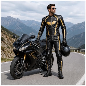 Mens Black Gold Leather Motorcycle Racing Suit | 2-Piece Biker Trackday Set