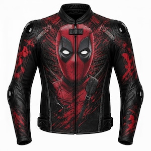May include: A black and red motorcycle jacket featuring a large graphic of the Deadpool mask on the front. The jacket includes a full-length front zipper, a mandarin collar, protective shoulder and elbow armor, and red splatter patterns.