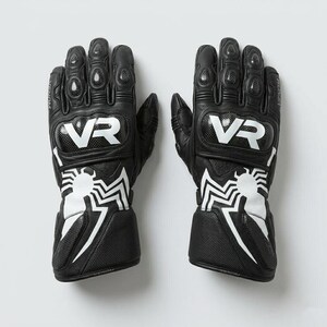 Men's black leather motorcycle racing gloves back view showing white spider graphic on wrist cuff and carbon fiber VR knuckle guard armor panel