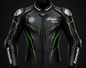 Kawasaki Ninga Black Green Leather Motorcycle Racing Suit | MotoGP Style Track Gear