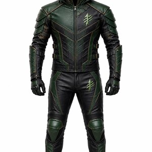 Forest Archer Leather Motorcycle Jacket, Green Black Hooded Biker Coat