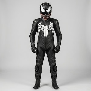 Front view of men's black leather one-piece motorcycle racing suit with white spider chest graphic spiderweb panels full length zipper CE shoulder knee armor worn with full face helmet gloves and boots