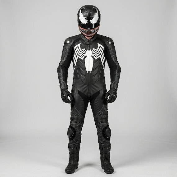 Venom  Motorcycle  Leather Racing Suit, Gloves, Boots Set, Spider Graphic, CE Armor