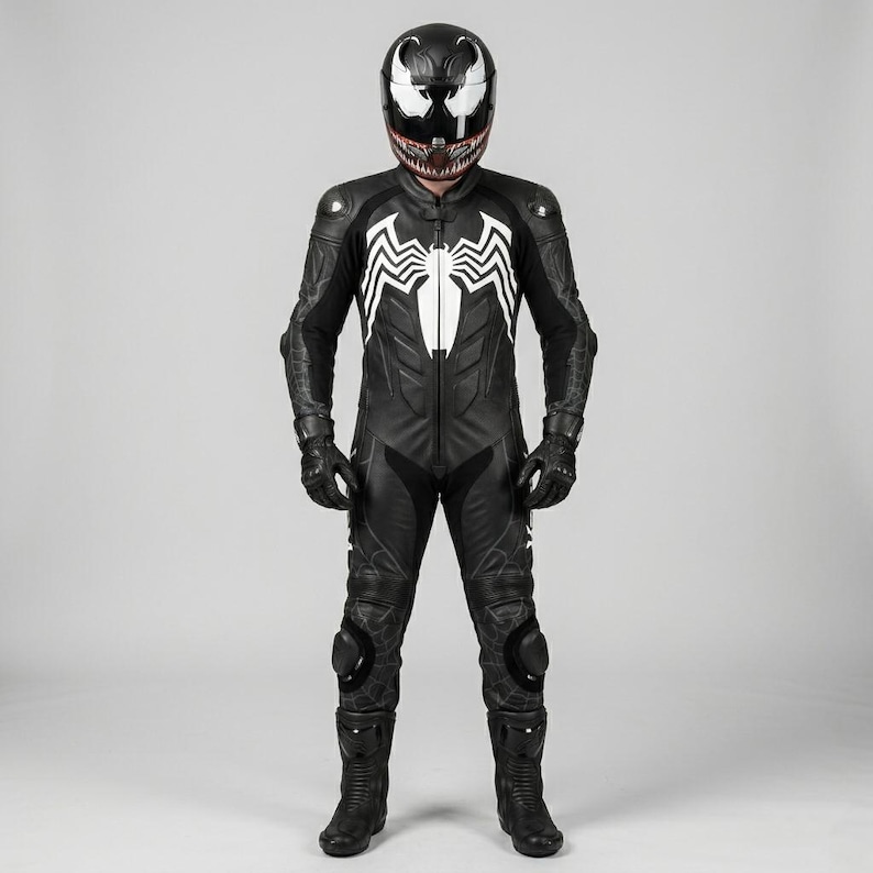 Front view of men's black leather one-piece motorcycle racing suit with white spider chest graphic spiderweb panels full length zipper CE shoulder knee armor worn with full face helmet gloves and boots
