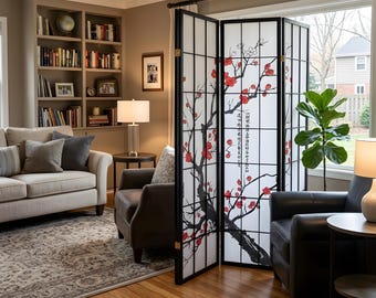 Japanese Style Wood Room Divider – Cherry Blossom Paper Panel Screen