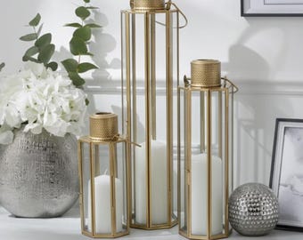 Handmade Gold Modern Decorative Metal & Glass Candle Lantern (Set of 3)