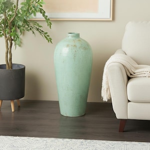 Handcrafted Mint Blue Terracotta Vase with Antique Finish – Rustic Pottery - Large