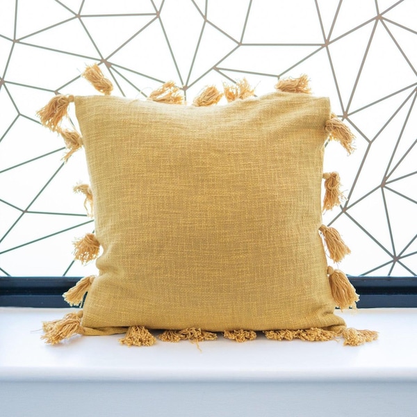 Solid Yellow Cotton Cushion Cover with Tassels – 46cm Handmade