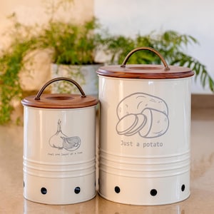 Handcrafted Egg Shell Metal Onion Storage Bin with Wooden Lid