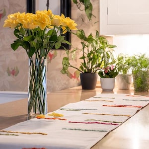May include: A white table runner with colourful embroidered stripes in orange, yellow, green, and purple. A clear glass vase holds a bouquet of yellow roses. Potted plants and a framed picture are in the background.