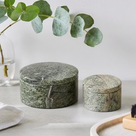 Round Green Marble Containers with Lid (Set of 2)