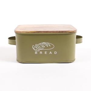 May include: An olive green bread bin with a wooden lid. The rectangular bin has two side handles and a white graphic of sliced bread with the word "BREAD" underneath. The lid is made of light-coloured wood.