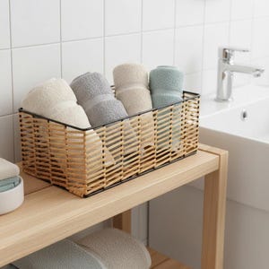 Handwoven Cane Storage Basket with Iron Frame in Natural Rectangular Design
