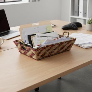 Handwoven Natural Storage Tray with Handles in Geometric Design