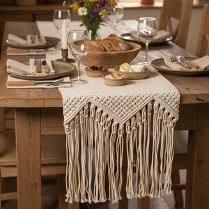 Border macrame fringed table runner 152 cm boho cotton handmade