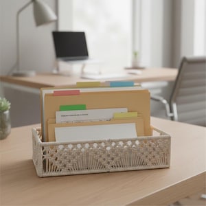 Jute & Cotton Macrame-Wrapped Iron Square Storage Tray - Neutral Boho Style