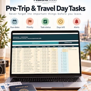 May include: A laptop screen displays the PeakGrid Studio Pre-Trip & Travel Day Tasks spreadsheet. The interface includes columns for task ID, group, owner, due date, priority, status, days left, and alerts, with icons for dates, priority, and status.