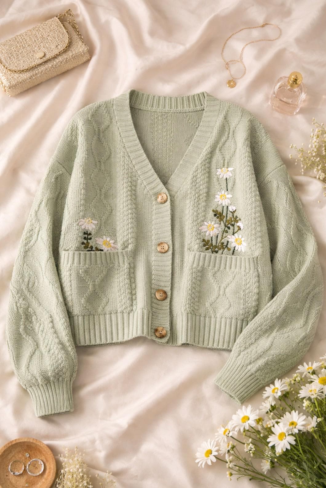 Spring Floral Cardigan Handmade Floral Embroidered Knit Cardigan / Green Flower Stitched ...