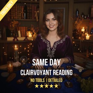 May include: A woman in a purple velvet top with white embroidery smiles at the camera. The text on the image reads "SAME DAY CLAIRVOYANT READING" and "NO TOOLS | DETAILED" with a five-star rating. Rune stones are on a blue cloth.
