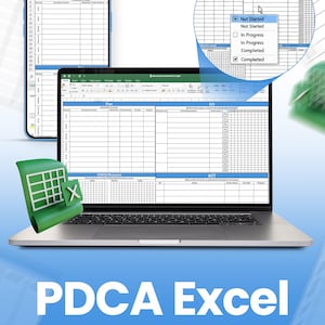 May include: A laptop and smartphone display a spreadsheet template. A zoomed-in view shows a dropdown menu with options like "Not Started" and "Completed." The text "PDCA Excel Template, Editable" is displayed in a blue banner.