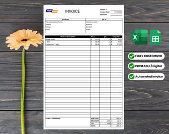 Automated, Printable Invoice Template, Excel, Small Business Spreadsheet, Editable Invoice Form