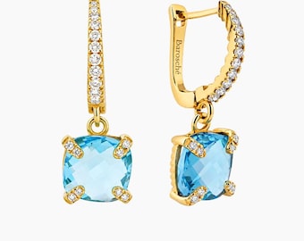 Swiss Blue Topaz Cushion Drop Earrings, Pavé Diamond Hoops, 18kt Gold Vermeil