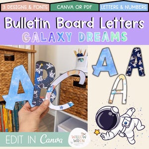 Galaxy Dreams Bulletin Board Letters | Editable Back to School Classroom Decor | Space Theme | Canva | Lettering Pack Display