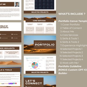 May include: A digital portfolio template with a desert landscape theme. The design includes sections for "About Me," "Table of Contents," "Experience Highlights," and "Skills & Tools." The text "WHAT'S INCLUDE?" and a list of included items are also visible.