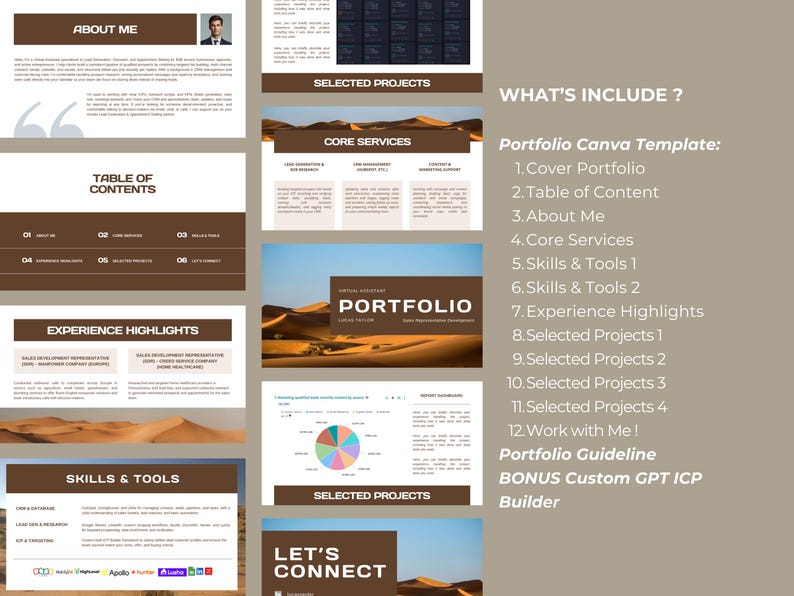 May include: A digital portfolio template with a desert landscape theme. The design includes sections for "About Me," "Table of Contents," "Experience Highlights," and "Skills & Tools." The text "WHAT'S INCLUDE?" and a list of included items are also visible.