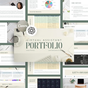 Pode incluir: Layout de portfólio de assistente virtual com um esquema de cores verde claro e branco. O portfólio inclui seções para serviços principais, projetos selecionados e informações de contato. Os logotipos Canva e OpenAI são visíveis.