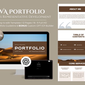 May include: A digital portfolio template for sales representatives, shown on a computer monitor and a tablet. The design features a desert landscape background and the text "VA PORTFOLIO" and "Sales Representative Development". The Canva and GPT ICP Builder logos are also visible.