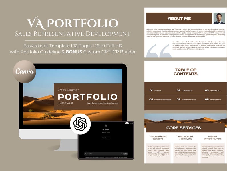 May include: A digital portfolio template for sales representatives, shown on a computer monitor and a tablet. The design features a desert landscape background and the text "VA PORTFOLIO" and "Sales Representative Development". The Canva and GPT ICP Builder logos are also visible.
