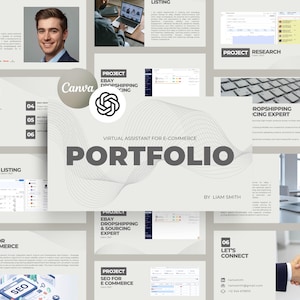 Pode incluir: Um portfólio digital para um assistente virtual de e-commerce de Liam Smith. O layout apresenta vários slides exibindo pesquisa de projetos, dropshipping no eBay e estratégias de SEO com texto, gráficos e imagens profissionais.