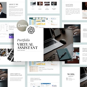 May include: A digital portfolio titled "Portfolio Virtual Assistant" by James Brown. The image includes a headshot, a laptop, a notebook, and various graphics showcasing skills like social media management and data entry.