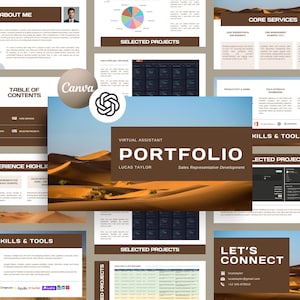 May include: A digital portfolio presentation with a desert landscape background. The title reads "PORTFOLIO" with the name "LUCAS TAYLOR" and "Sales Representative Development." Additional slides include "About Me," "Core Services," and "Skills & Tools."