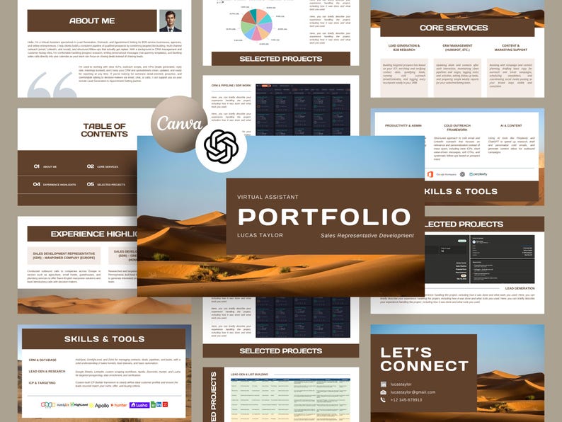 May include: A digital portfolio presentation with a desert landscape background. The title reads "PORTFOLIO" with the name "LUCAS TAYLOR" and "Sales Representative Development." Additional slides include "About Me," "Core Services," and "Skills & Tools."