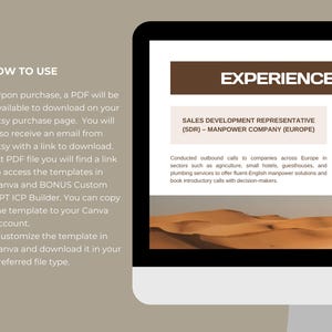May include: A computer screen shows a resume template with the heading "EXPERIENCE HIGHLIGHTS." Instructions on how to use the template are also visible, including downloading a PDF from Etsy and accessing Canva templates.
