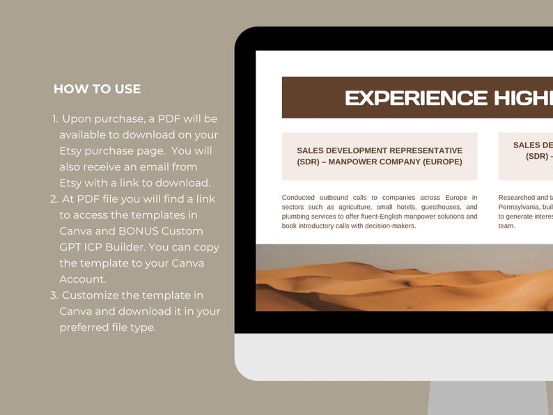 May include: A computer screen shows a resume template with the heading "EXPERIENCE HIGHLIGHTS." Instructions on how to use the template are also visible, including downloading a PDF from Etsy and accessing Canva templates.