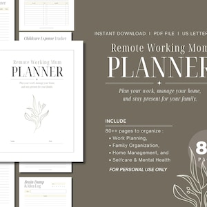 Może przedstawiać: Cyfrowy planer zatytułowany "Remote Working Mom PLANNER" o minimalistycznym designie. Okładka zawiera tytuł w eleganckiej czcionce, ilustrację kwiatową oraz tekst "Zaplanuj swoją pracę, zarządzaj domem i bądź obecna dla swojej rodziny." Zawiera 80+ stron.