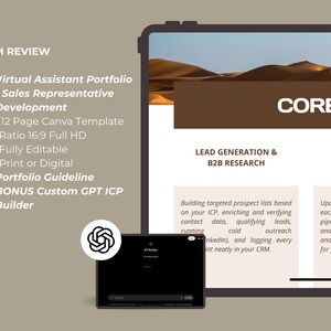 May include: A digital marketing presentation displayed on a tablet and a smaller device. The presentation includes the text "ITEM REVIEW" and details on virtual assistant portfolios, sales representative development, and lead generation.
